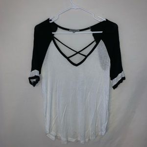 white mid sleeve t size S with cross cross front